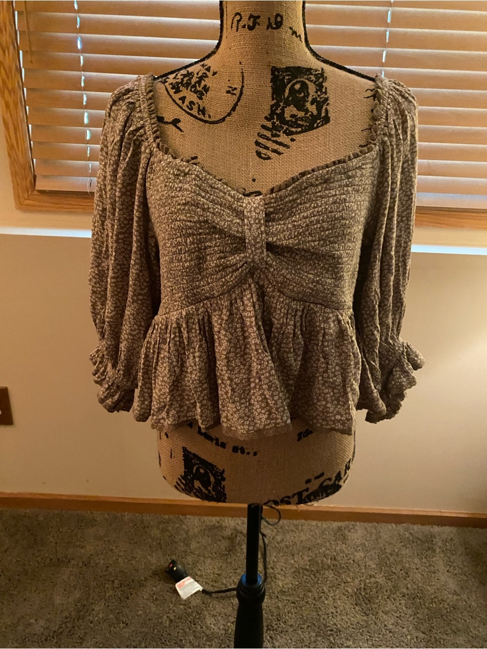 Free People Taupe Floral Smocked Peplum Tie-Front Blouse